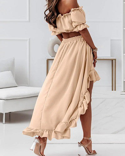 VACAY!! OFF SHOULDER CROP WITH FLOWY SKIRT